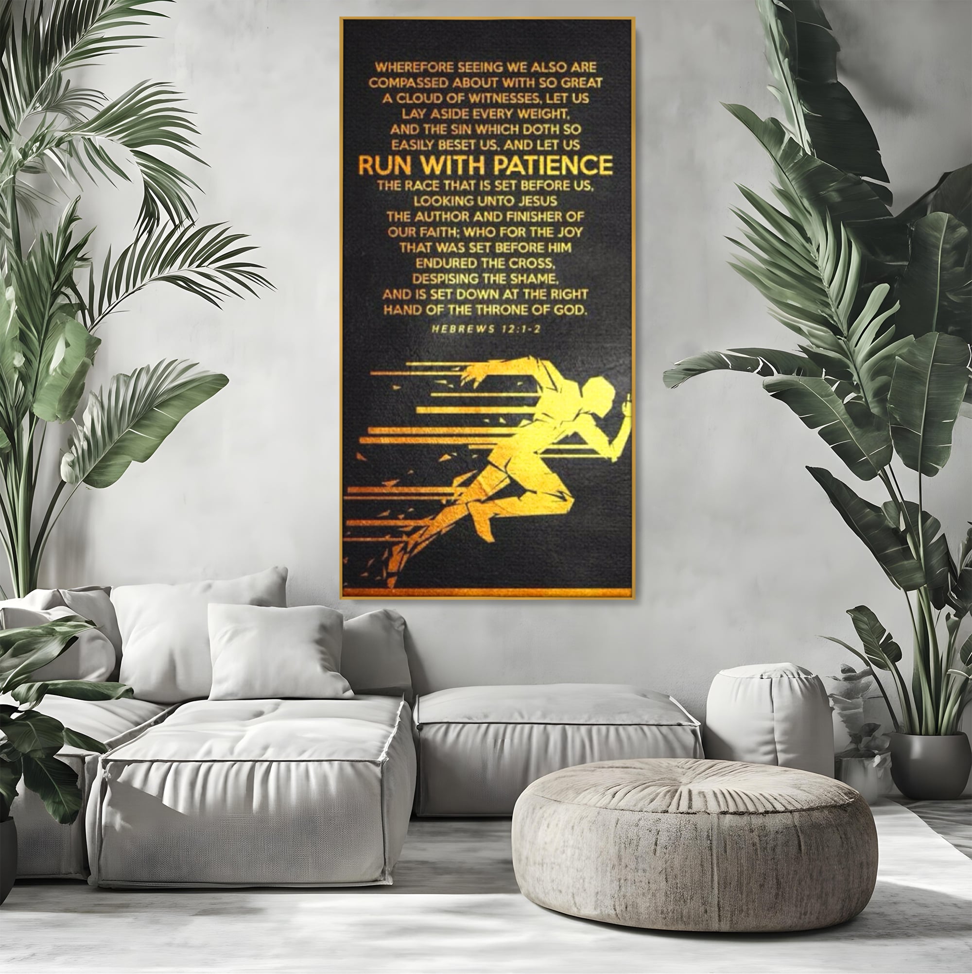 Tablou canvas cu tablou canvas cu alergator si verset biblic, in rama de aluminiu auriu, pe perete intr-un living